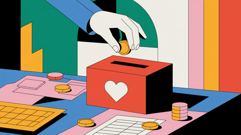A block illustration of a hand donating a coin to a charity box with a heart symbol, representing charitable giving.