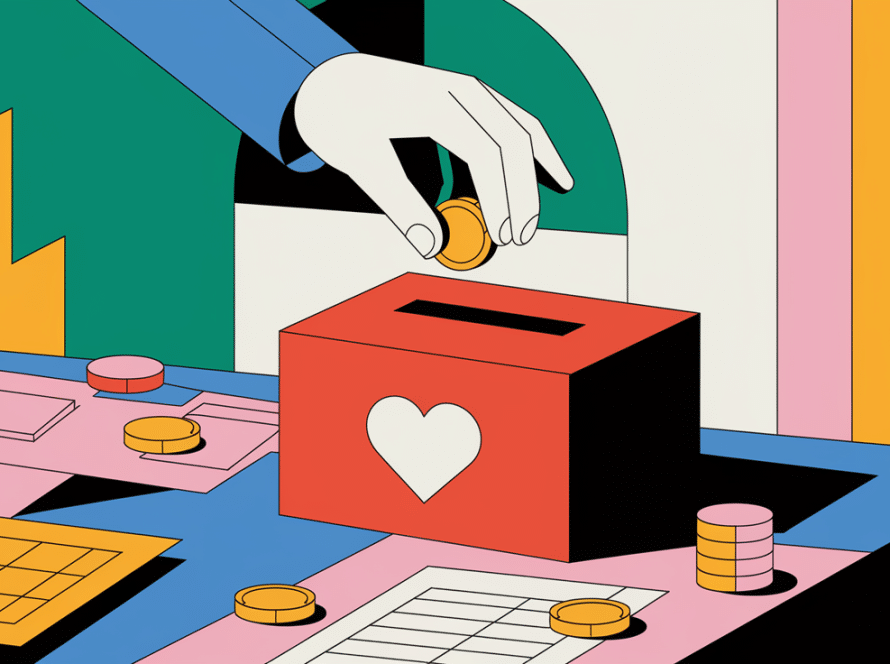 A block illustration of a hand donating a coin to a charity box with a heart symbol, representing charitable giving.