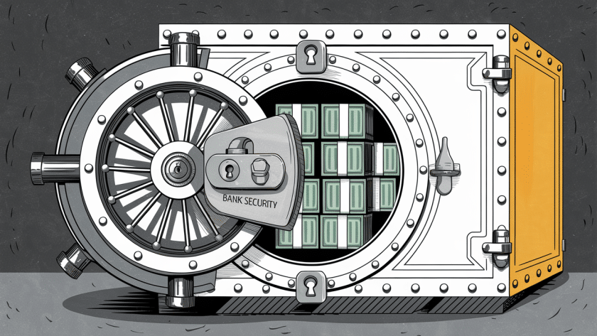 A stylized illustration of a bank vault, representing the security measures banks use to protect customer funds.