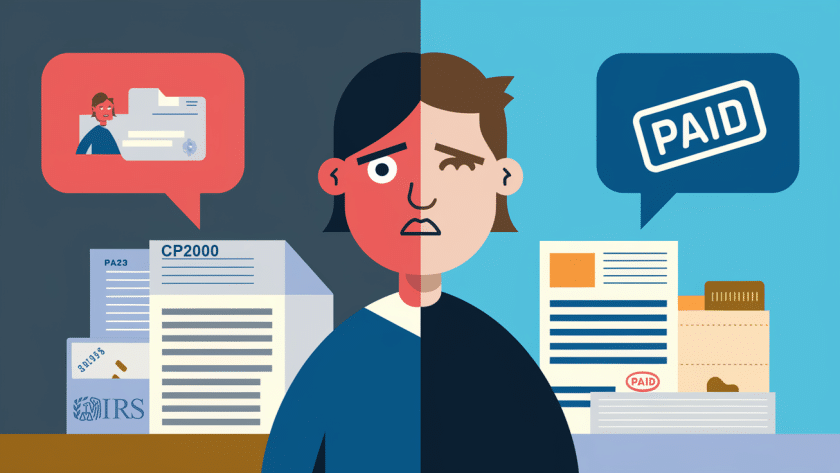 Block illustration contrasting a stressed taxpayer with a pile of tax papers and a relaxed taxpayer with organized records and a paid tax bill.