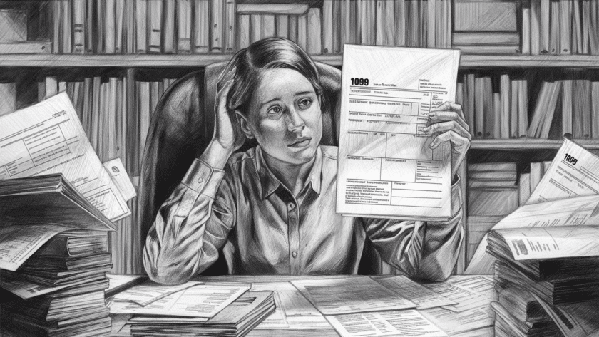 A pencil sketch of a person reviewing a 1099 form at a desk.