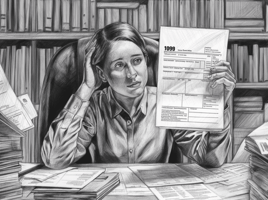 A pencil sketch of a person reviewing a 1099 form at a desk.