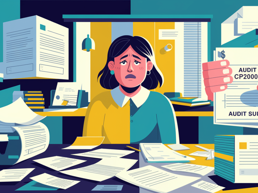 A block illustration contrasting a confused taxpayer with a calm tax expert who is organizing and explaining tax documents.