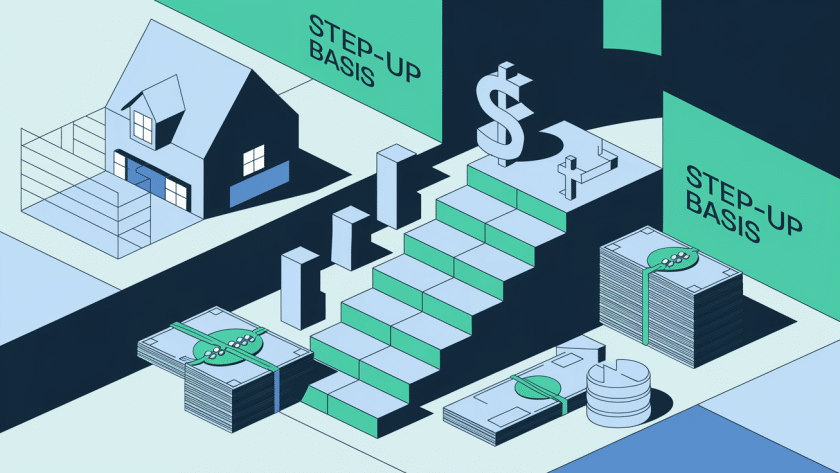 A block illustration depicting the intergenerational transfer of assets, with the "step-up basis" as a staircase raising the asset's value, including elements like a house, stocks, and money.