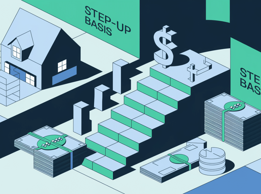 A block illustration depicting the intergenerational transfer of assets, with the "step-up basis" as a staircase raising the asset's value, including elements like a house, stocks, and money.