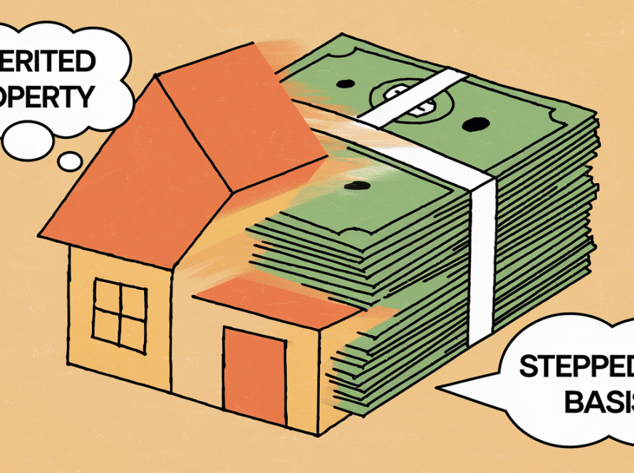 A house transforming into a stack of cash, illustrating the concept of stepped-up basis on inherited property.