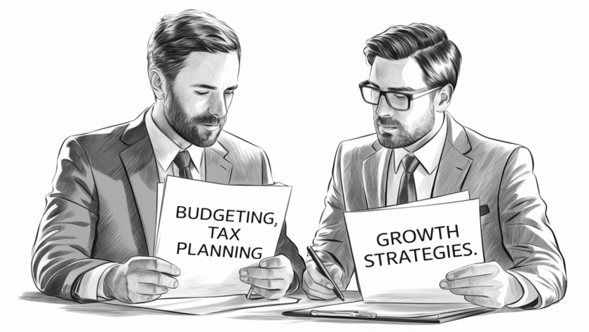 A detailed pencil sketch of an insurance agent and financial advisor discussing financial plans.