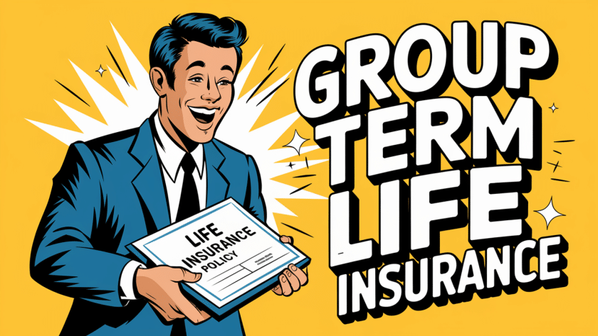 A retro-style advertising illustration of a happy employee receiving a life insurance policy from their employer, highlighting the benefit as a positive perk.