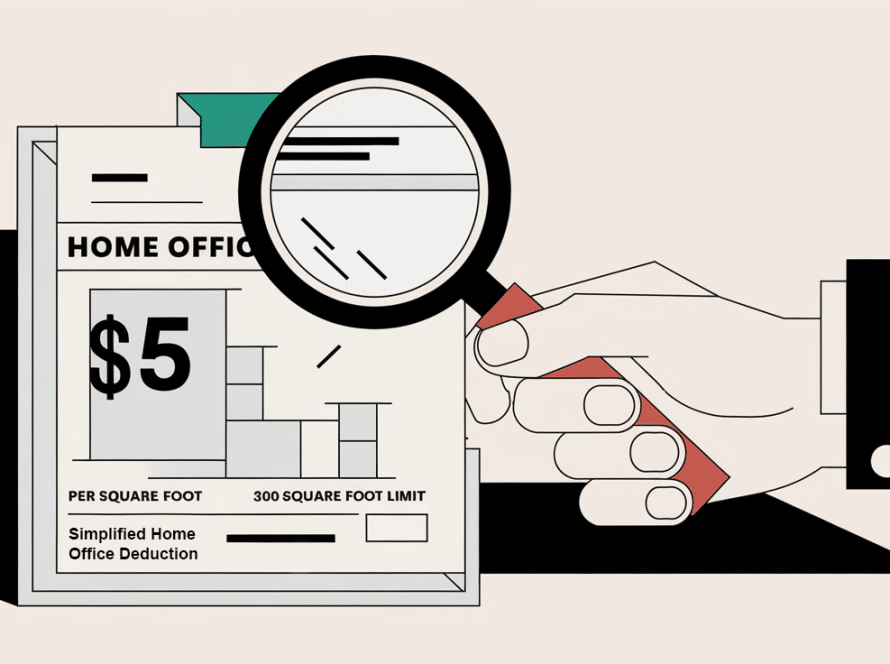 A hand holding a magnifying glass over a stylized home office deduction form.