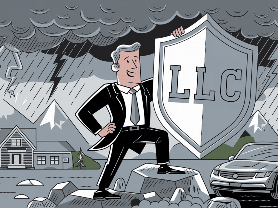 An advertising illustration of a confident business owner holding an "LLC" shield, protecting personal assets from a storm of liabilities.