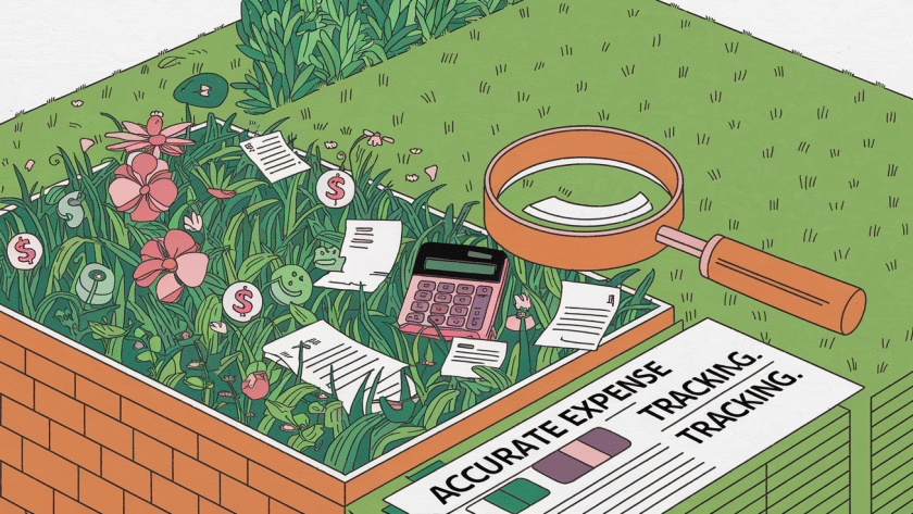 A vibrant block illustration of a landscape with hidden financial symbols, emphasizing the importance of expense tracking.