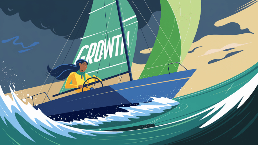 An advertising illustration of a businesswoman confidently steering a sailboat through a stormy sea, symbolizing navigating challenges and achieving growth.
