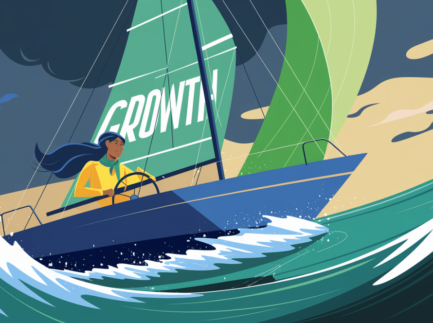 An advertising illustration of a businesswoman confidently steering a sailboat through a stormy sea, symbolizing navigating challenges and achieving growth.