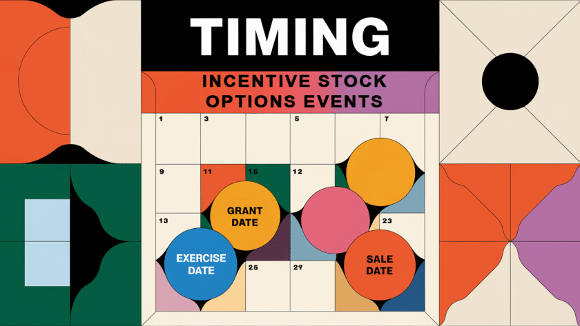 A stylized calendar with icons representing ISO grant, exercise, and sale dates.