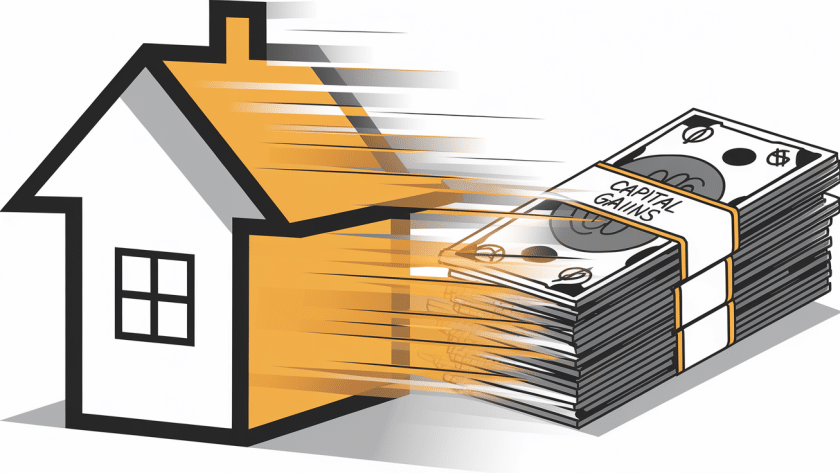 A house turning into a stack of money, representing capital gains from a home sale.