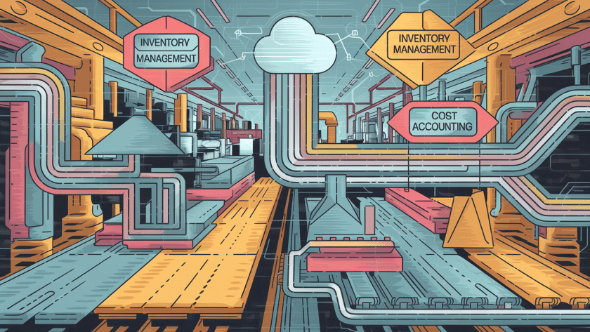 Vector line art of a manufacturing assembly line as a data stream.