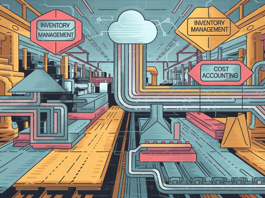 Vector line art of a manufacturing assembly line as a data stream.