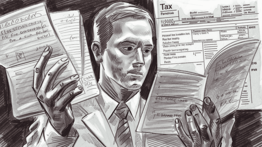 A trader reviewing their trading journal and tax documents.