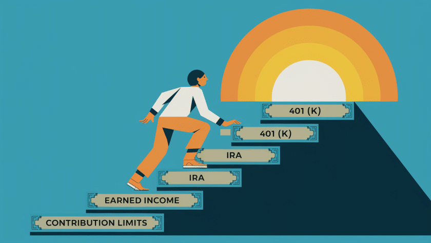 A person climbing stairs of money towards retirement.