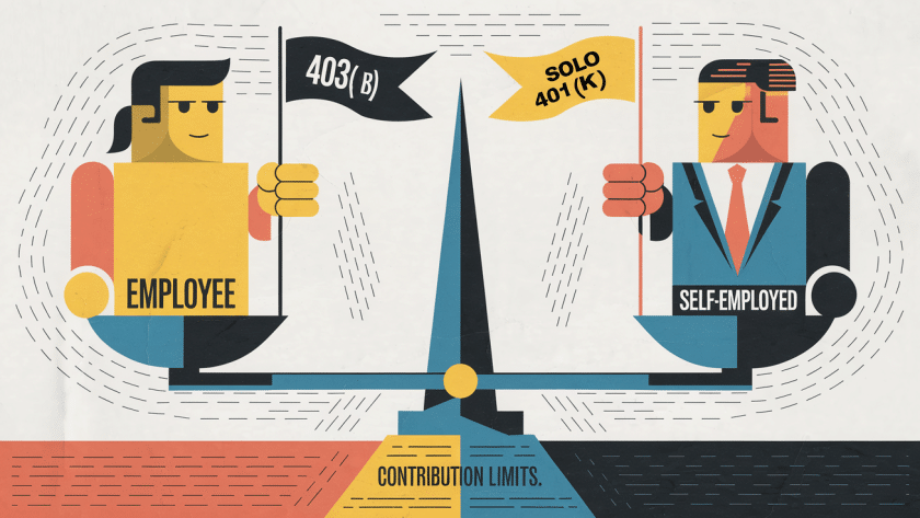 A balanced scale with figures representing "Employee" and "Self-Employed" holding "403(b)" and "Solo 401(k)" flags respectively.