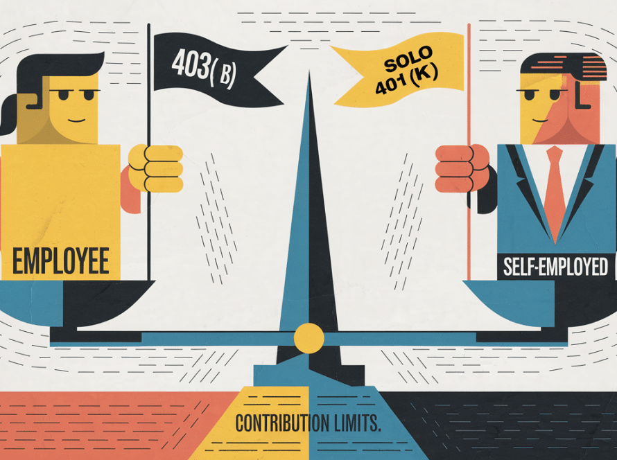 A balanced scale with figures representing "Employee" and "Self-Employed" holding "403(b)" and "Solo 401(k)" flags respectively.
