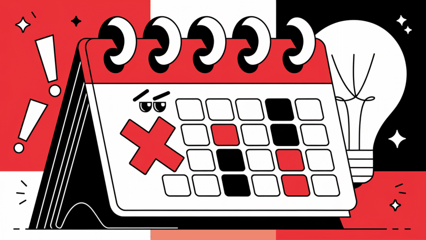 A block illustration depicting a missed tax deadline on a calendar with symbols of stress and solutions.