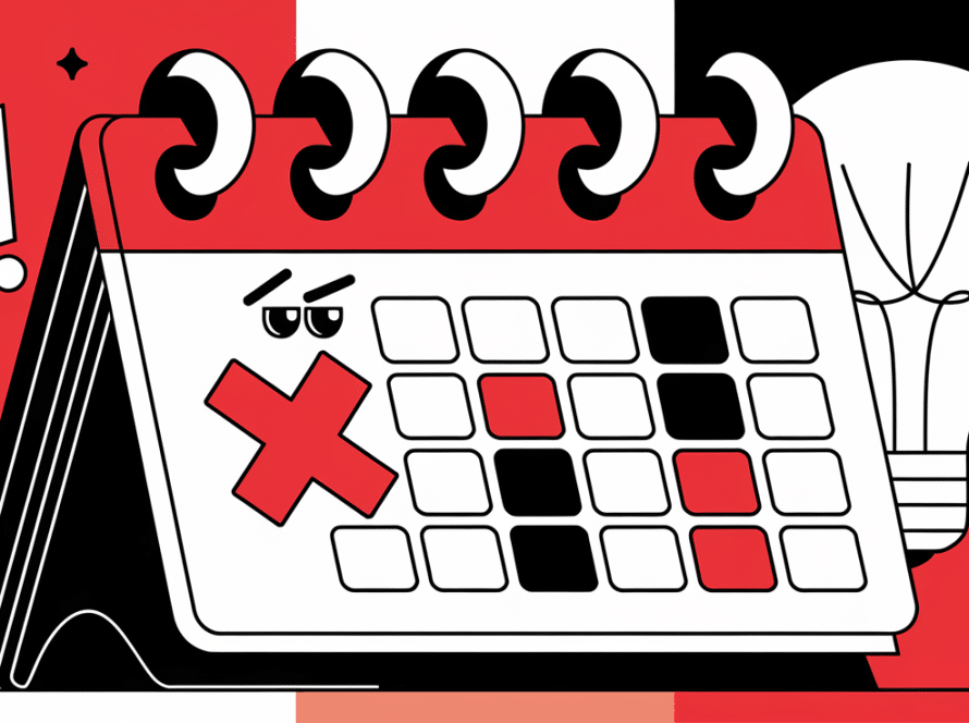 A block illustration depicting a missed tax deadline on a calendar with symbols of stress and solutions.
