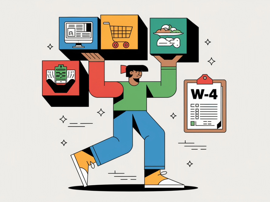 A person juggling blocks representing multiple jobs and a clipboard labeled "W-4".