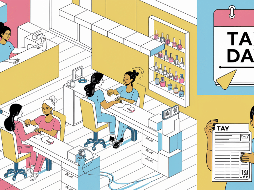 Vector block illustration of a bustling nail salon with tax preparation elements.
