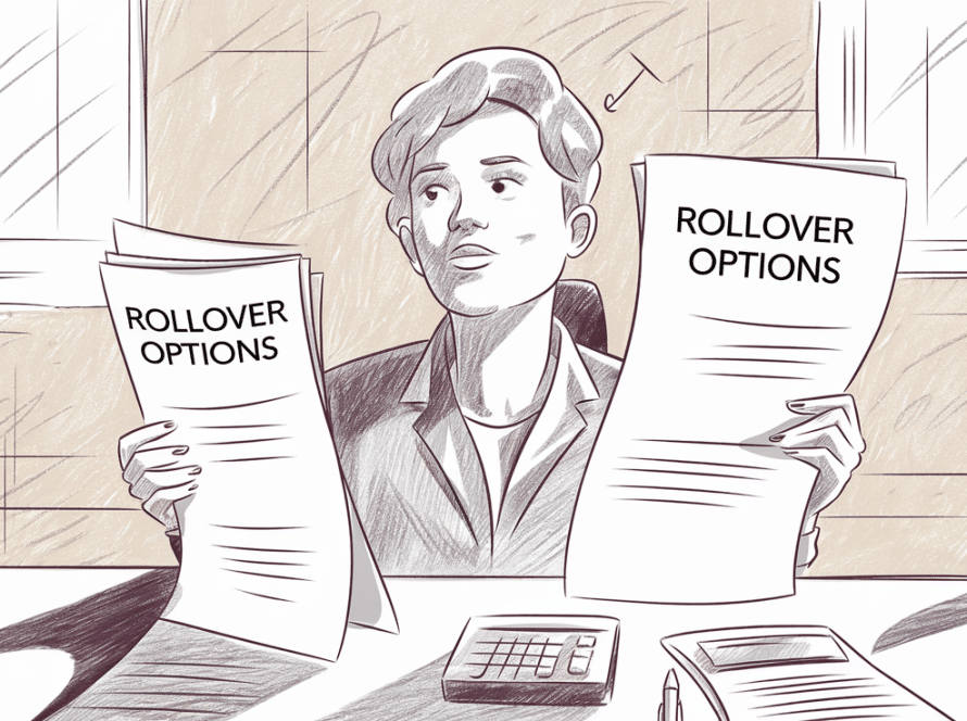 A person reviewing documents labeled "Rollover Options."