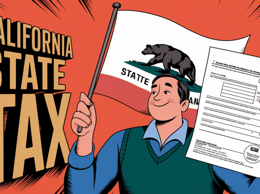 An advertising illustration featuring a cheerful taxpayer confidently examining a California tax form