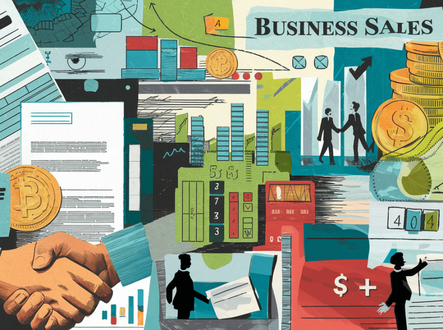 Collage illustration combining various elements related to business sales and capital gains tax.