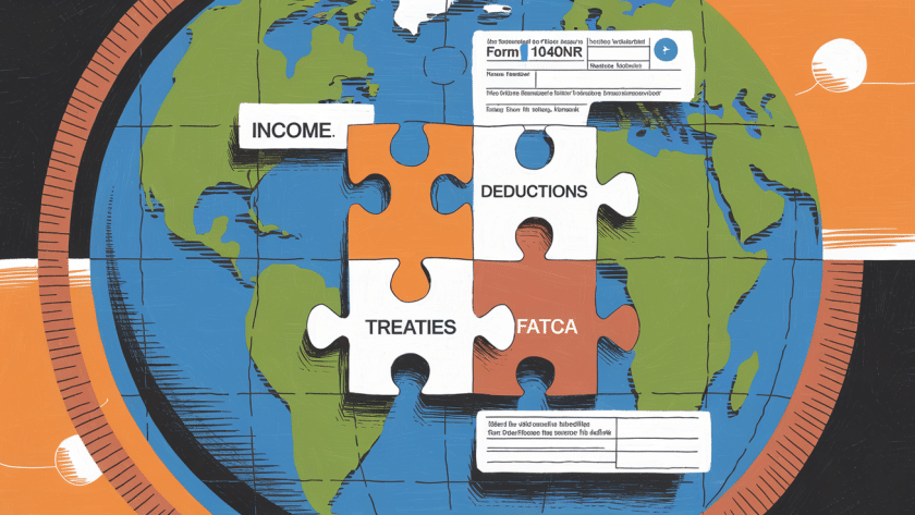 A globe made of puzzle pieces labeled with tax-related terms.