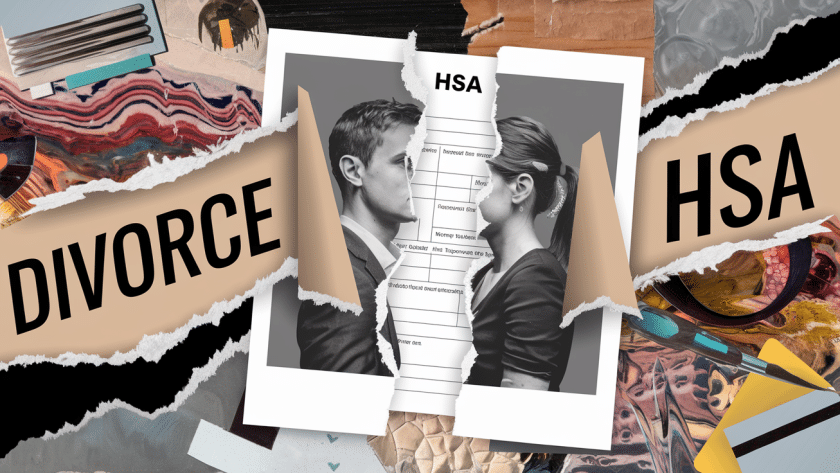 Collage of a torn photograph revealing an HSA form, symbolizing divorce.