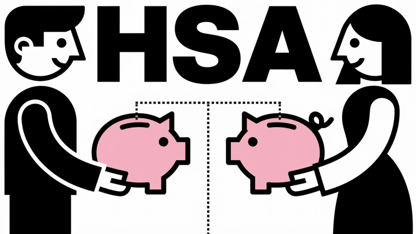 Two figures with piggy banks representing HSAs, connected by a line labeled "Contribution Limit".