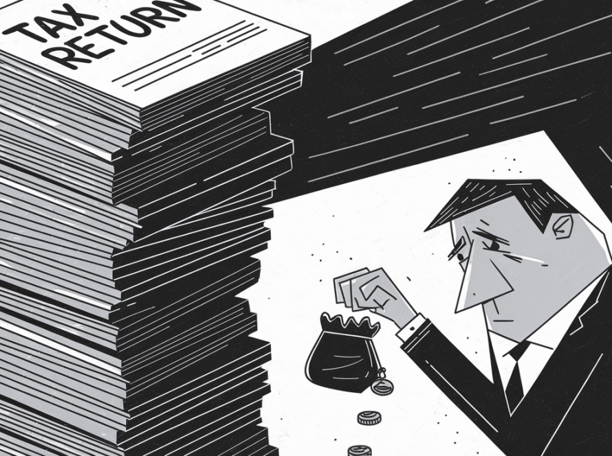 A worried taxpayer overshadowed by a large stack of tax paperwork.