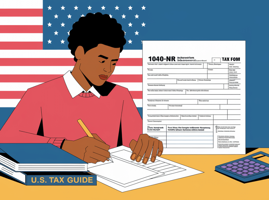 A block illustration of a Canadian student completing a 1040-NR tax form.