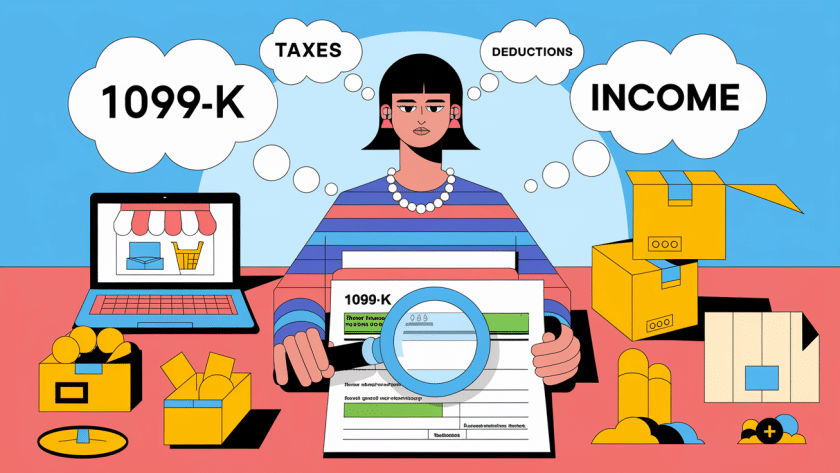 Teenager examining a 1099-K tax form amidst online selling icons.