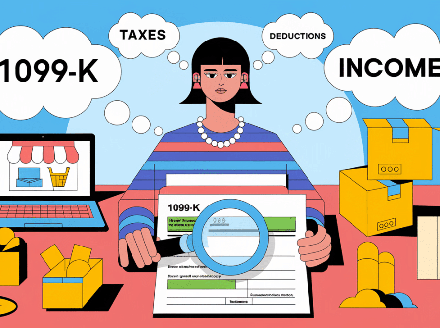 Teenager examining a 1099-K tax form amidst online selling icons.