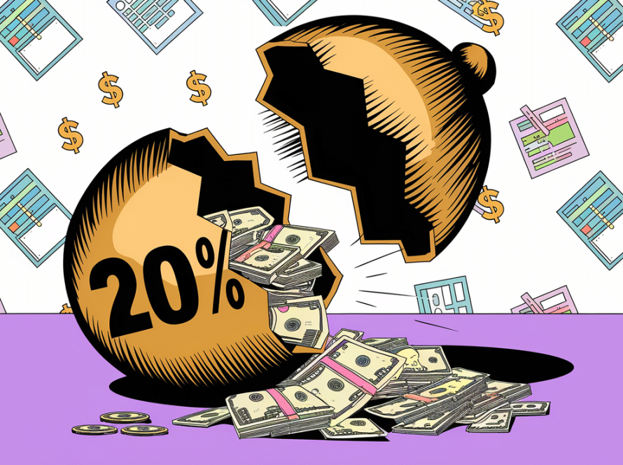 A golden egg cracking open to reveal cash, with "20%" etched on the shell.
