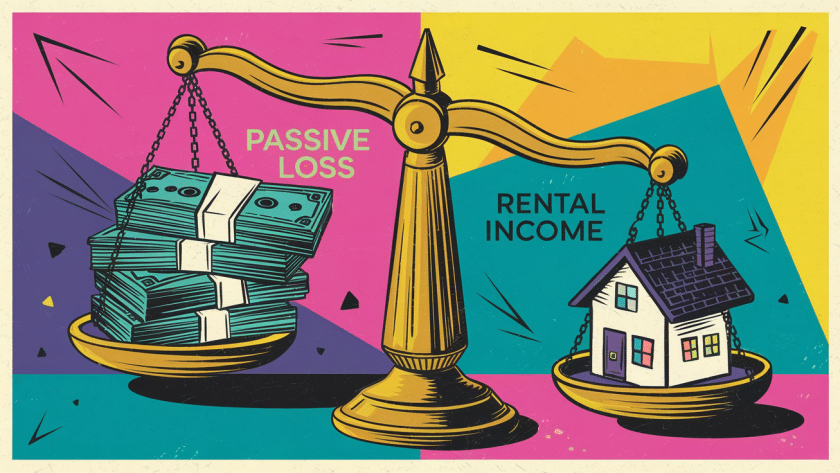 A scale with one side weighed down by money, representing passive loss, and the other side lifting a small house, representing rental income.