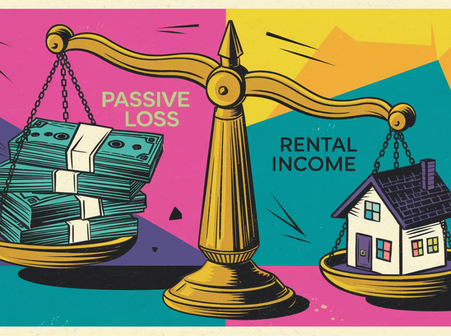 A scale with one side weighed down by money, representing passive loss, and the other side lifting a small house, representing rental income.