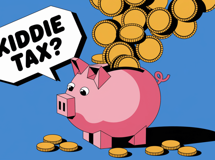 A graphic illustration of a piggy bank with a speech bubble saying "Kiddie Tax?"