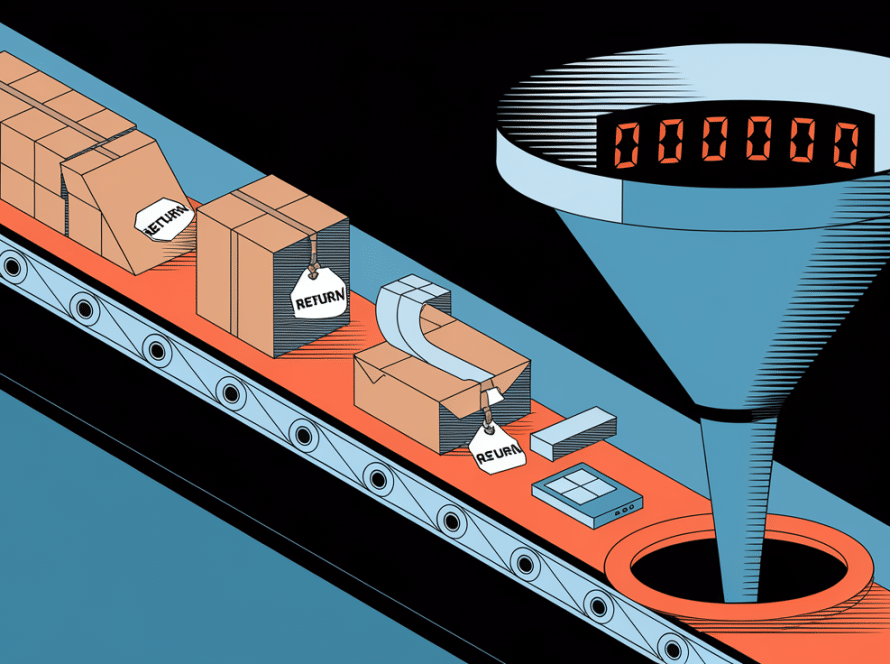 A conveyor belt with returned products leading to a funnel, symbolizing the financial impact of returns.
