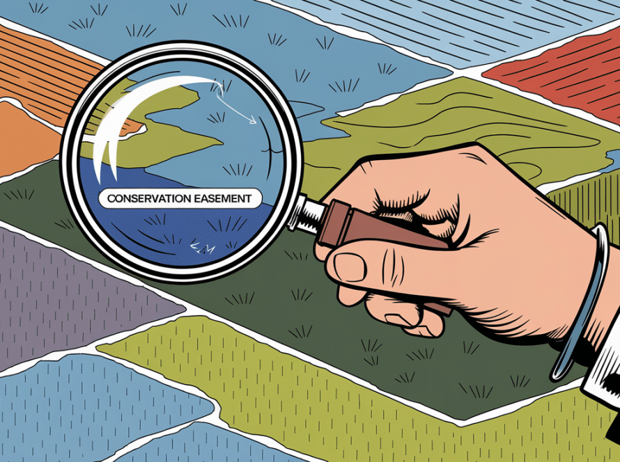 A graphic illustration of a magnifying glass inspecting a landscape with a highlighted section labeled "Conservation Easement."