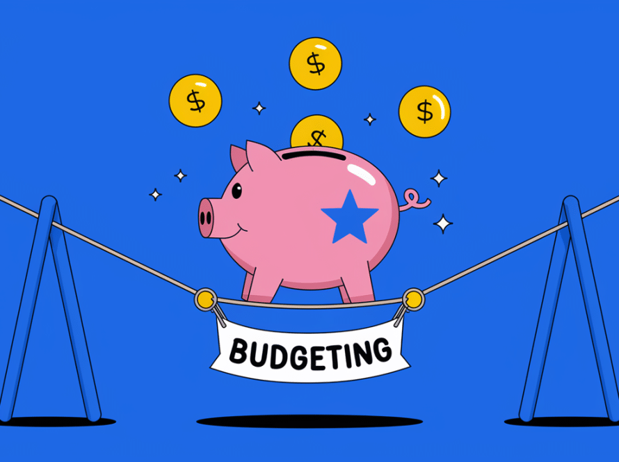 Block illustration of a piggy bank balancing on a tightrope with a "Budgeting" banner, symbolizing financial stability.