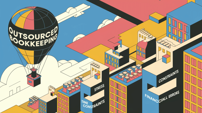 A hot air balloon labeled "Outsourced Bookkeeping" rising above a city.