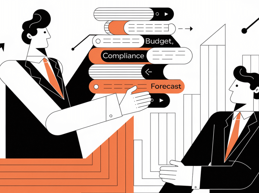 A businessperson passing financial documents to an outsourced controller.