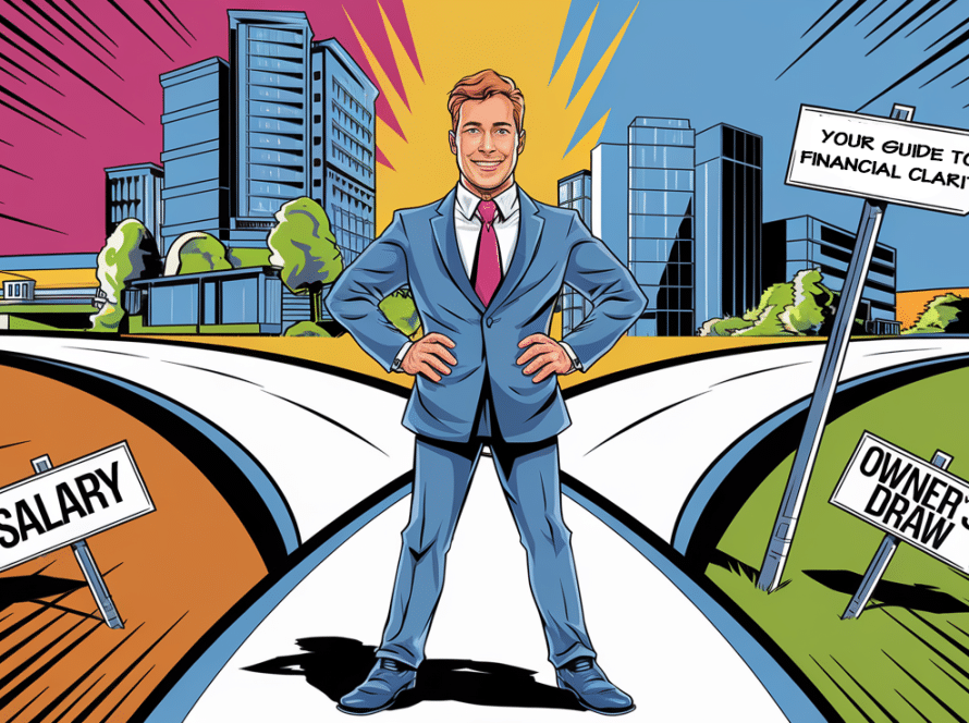 Business owner at a crossroads choosing between "Salary" and "Owner's Draw."