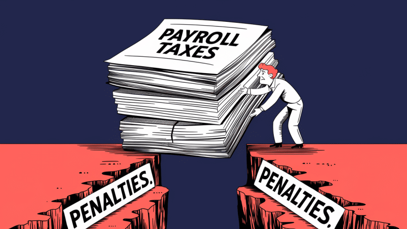 A stack of papers labeled "Payroll Taxes" about to fall into a chasm.